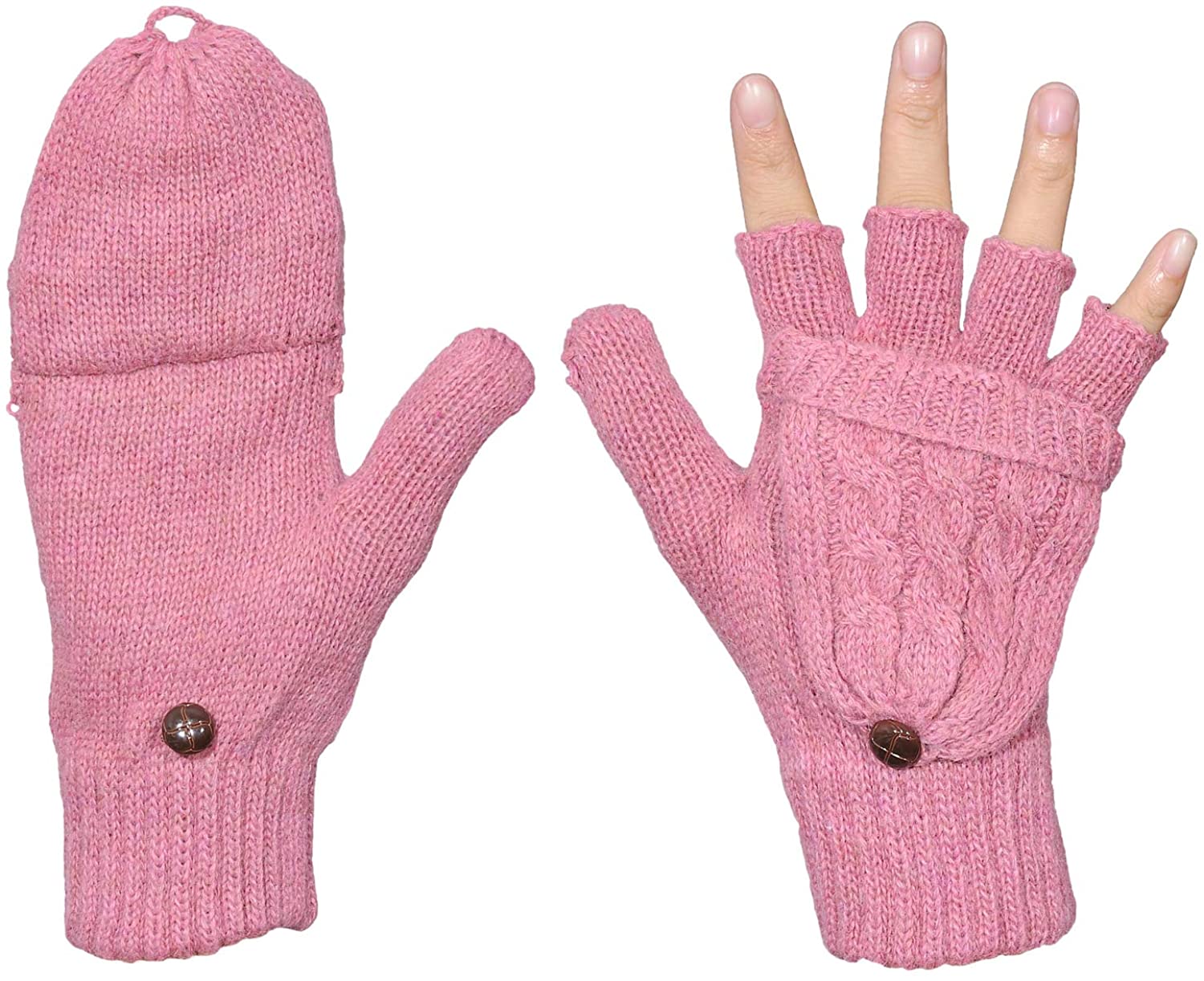 Women’s Winter Gloves Warm Wool Knitted Convertible Fingerless Mittens 