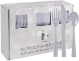 300 Pieces Gray Plastic Silverware, Solid Color Disposable Cutlery Includes 100 Pieces Knives, 100 Pieces Forks, 100 Pieces Spoons.