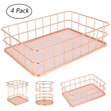 AKUKA Metal Storage Baskets, 4-Pack Mesh Wire Basket Set Iron Hollow Makeup Brush Holder Multi Purpose Desktop Organizer for Bathroom Bedroom Office Kitchen and more (Rose Gold)