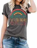 Dresswel Women Good Vibes Only Letter Print T-Shirt Crew Neck Short Sleeve Tees Rainbow Graphic Tops