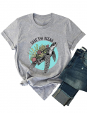 Dresswel Women Save The Ocean T-Shirt Turtle Graphic Print Shirt Crew Neck Short Sleeve Tees Tops