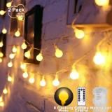 Globe String Lights Battery Operated Warm White ，Water Proof 2 Pack 19.7FT 40 LED Globe Fairy String Light 8 Modes with Remote Control , for Home, Party, Christmas, Wedding, Garden Decoration