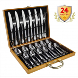 Haisito Cutlery Set, 24 Piece Multipurpose Mirror Polishing Dishwasher Safe Stainless Steel Flatware Set with Portable Storage Box includes Spoons Teaspoons Steak Knives Forks for 6 People.