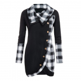 HULKY Women’s Turtleneck Long Sleeve Asymmetrical Plaid Thin T-Shirt,Irregular Tartan Tunic Sweatshirt Pullover Tops with Buttons