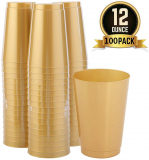 IOOOOO 100 Pack Gold Plastic Cups 12 oz, Solid Color Plastic Cups, Elegant Party Cups, Fancy Wedding Tumblers.