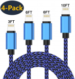 iPhone Charger Cable Lightning Cable 4Pack 3/6/6/10FT Charging USB Syncing Data Nylon Braided Cord Compatible with iPhone 11/Xs/Max/XR/X/8/8 Plus/7/7 Plus/6/6S/6 Plus/5S/SE/Mini/Air/Pro F13