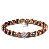 JOXFA Lion Agate Bead Bracelet for Mens, 8mm Natural Gemstone Mala Beads Stainless Steel Lion King Energy Healing Courage Charm Elastic Stretch Mens Beaded Bracelets with Gift Box.