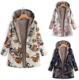 Kaister Jacket Women Winter Warm Plus Size Vintage Floral Print Pockets Casual Hooded Coats