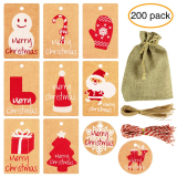 KOMIWOO 200 PCS Christmas Kraft Paper Gift Tags Vintage Hanging Wrapping Label Card Tags with Twine DIY Arts and Crafts Decorations