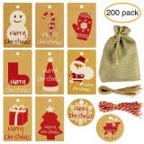 KOMIWOO 200 PCS Christmas Kraft Paper Gift Tags Vintage Hanging Wrapping Label Card Tags with Twine DIY Arts and Crafts Decorations