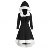 Lace Up Womens Winter Fashion Long Sleeve Patchwork Hooded Vintage Dress Party Panel Dress