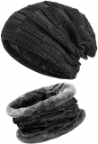 Slouchy Warm Thick Knit Skull Cap for Men Women (Black)