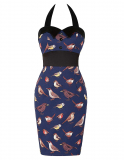 Women 50s Vintage Birds Halter Party Prom Bodycon Pencil Dress