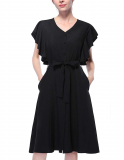 Women’s Summer V-Neck Button Down Ruffle Sleeveless with Belt A-Line Dress Elegant